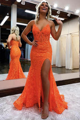 Mermaid V Neck Glitter Slit Orange Long Prom Dress PSK416