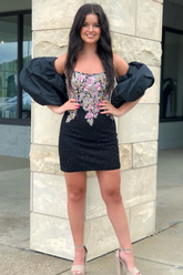 Black Strapless Appliques Beaded Homecoming Dress with Detachable Sleeves Y2823