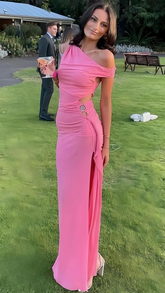 Unique Pink Off The Shoulder Chiffon Bodycon Long Party Dress Slit Prom Evening Dress Y8024