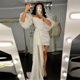 Short Puff Sleeve Wedding Dress Sweetheart Sparkly Modern Bridesmaid Dresses for Party Outfit Dress Y1208