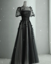 Elegant Black A-line Tulle Prom Dress,Puffy Sleeves Evening Dress Y2037