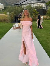 Elegant Off The Shoulder Chiffon Slit Prom Dress Pink Formal Evening Dress Y8236