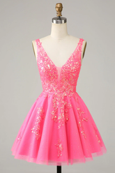 Fuchsia Sequined V Neck Backless Short Homecoming Dress Y4093