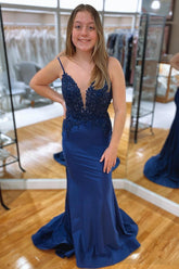 Navy Blue Mermaid V Neckline Rhinestone Long Prom Dress PSK402
