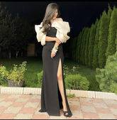 Elegante vestido de noche con abertura y costuras blancas y negras Y5550