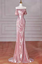 Elegant Mermaid Off Shoulder Long Prom Dress Pink Birthday Evening Dress Y8068