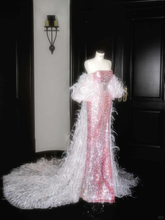 Fairy Pink Strapless Sequins Feathers Mermaid Evening Dress Slit Prom Dress Y8660