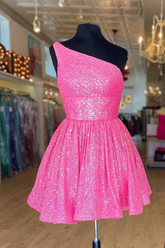 Hot Pink One Shoulder A Line Short Homecoming Dress Sequins Y1487