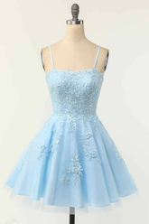 Light Blue A-line Spaghetti Straps Lace-Up Back Applique Mini Homecoming Dress Y2417