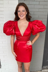 Red Satin Homecoming Dress with Puff Sleeves Red Party Dress Y2296