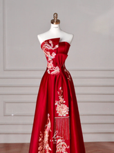 Hermoso vestido de fiesta de satén rojo con bordado de lentejuelas, corte A, sin tirantes, vestido de noche Y8631