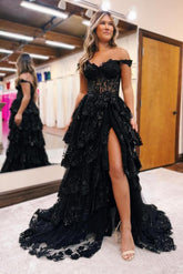 Long Off-the-Shoulder Black Lace A-line Evening Prom Dress with Side Split