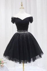 Off The Shoulder Black Homecoming Dress Tulle Short Prom Dress PD468