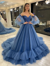 Herzförmiger Ausschnitt, Tüll, blaues Ballkleid, Puffärmel, langes blaues Abendkleid, Y6172