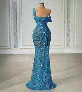 One-Shoulder Sparkly Abendkleid Lange Meerjungfrau Blau Sexy Formales Kleid Y6112