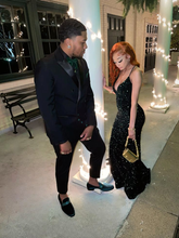 Vestido de noche con escote en V y lentejuelas verde bosque con purpurina Y6488