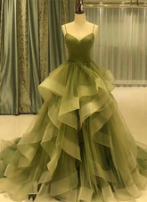Green Straps Sweetheart Tulle Long Evening Dress Green Layered Tulle Prom Dress Y987