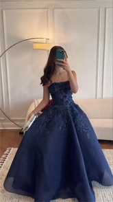 Gorgeous Navy Blue Strapless Appliques A Line Prom Dress Evening Dress Y8274