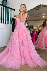 Pink V-Neck Empire Waist Tiered Long Prom Dress with Ruffles PSK409