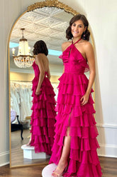 Pretty Halter Neck Ruffle Fuchsia Long Prom Dress PSK577