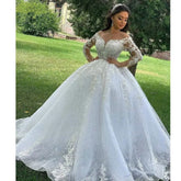 Princess Ball Gown Wedding Dresses 2023 O Neck Long Sleeves Vestido Casamento Lace Up Appliqus Beaded Bride Gowns Suknie Slubne