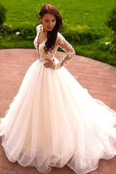 Princess A-Line V-Neck Tulle Ivory Long Sleeves Wedding Dresses WD181