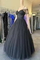 Vestido de fiesta largo negro de tul con escote corazón y hombros descubiertos, estilo princesa PSK378
