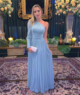 Blue One Sleeve Evening Dress Blue Wedding Guest Outfit Y5746