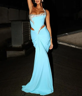 Gorgeous Blue One Shoulder Satin Sequined Evening Dress Long Mermaid Prom Dress Y8405