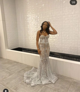 Luxuriöses silbernes Meerjungfrau-Abendkleid, silbernes Ballkleid Y6649