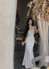 Elegante vestido de fiesta de sirena blanco. Vestido de noche blanco Y6871.