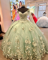 Mint Green Tulle Ball Gown with 3D Flowers,Sweet 16 Dress,Princess Dress,Quinceanera Dress Y2252
