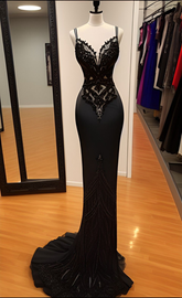 Sexy Black Spaghetti Straps Evening Dress Black Formal Dress Y4390