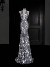 Sparkly Silver Deep V Halter Sequins Beaded Backless Evening Dress Mermaid Prom Dress Y8687