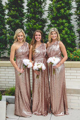 Rose Gold Sparkly Bridesmaid Dresses Sequins Lace One Shoulder BD096