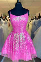 Lindo vestido de fiesta de lentejuelas rosa intenso, corte A, Y1641