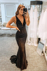 Meerjungfrau Schwarze Spitze und Perlen Langes Abendkleid V-Ausschnitt Abendkleid Y78