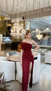 Burgundy Irregular Neckline Long Prom Dress with Split,Burgundy Evening Dress Y2556
