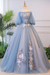 Unique blue tulle lace long prom dress blue evening dress S13770