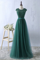 Green tulle lace top round neck long evening dresses simple formal dress S6796