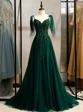Emerald Green Spaghetti Straps Prom Dress Ball Gown V-Neck S11037
