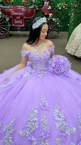 Glitter Off The Shoulder Lilac Ball Gown Sweet 16 Dress Y4293