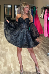 Black Lace Bustier A-Line Short Homecoming Dress with Detachable Sleeve Y3000