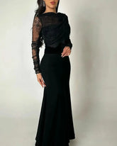 Saudi Arabia Black Women Evening Gowns Beads Floor Length Prom Dresses Long Sleeves Formal Wedding Cocktail Party Dress