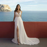 Sexy High Split Boho Chiffon Beach Wedding Dresses Summer V Neck Illusion Back Lace Bride Wedding Gowns Vestidos De Noiva