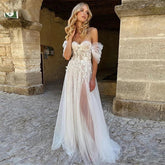 Sexy Off Shoulder Wedding Dresses Bohemian Tulle Elegant Women's Side Split A-line Lace Applique Beach Bridal Dress Sleeveless