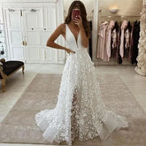 Sexy V Neck Lace Appliques A Line Wedding Dress 2023 Off the Shoulder Satin Bridal Gown Sweep Backless Floor Robe De Mariée