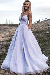 Vestido formal de fiesta de tul con escote en V, corte A y bolsillo, color lavanda brillante (PSK367)