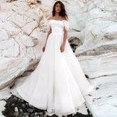 Simple A-Line Bohemian Bridal Dresses Women's Sexy Off Shoulder White Pleated Tulle Beach Formal Prom Party Fashion 2023 Wedding