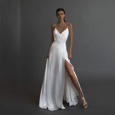 Simple A Line Satin Wedding Dress V Neckline Spaghetti Straps Bridal Gown Sexy High Split Backless Vestido De Novia Custom Made